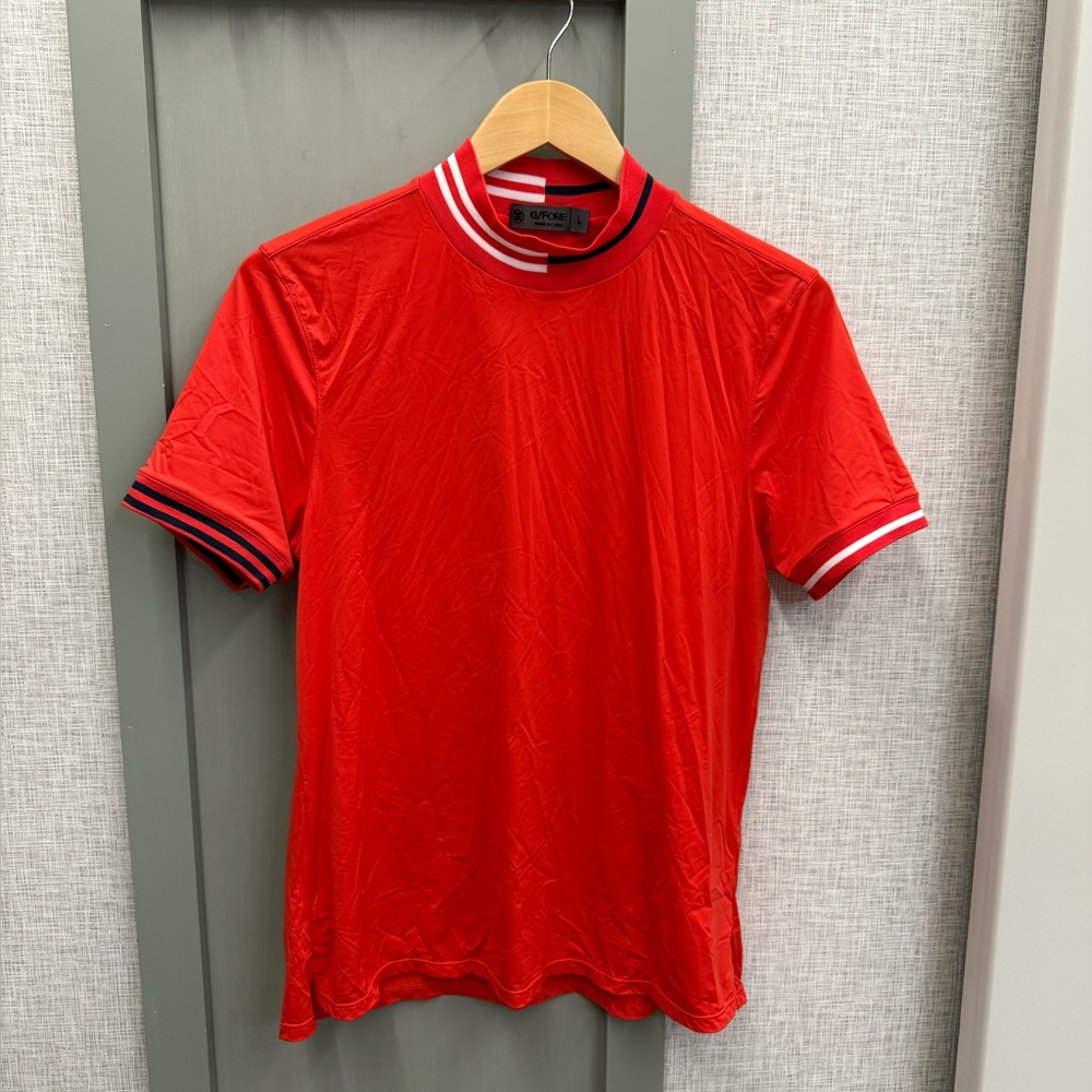 G/FORE Red Short Sleeve Tee with Striped Cuffs